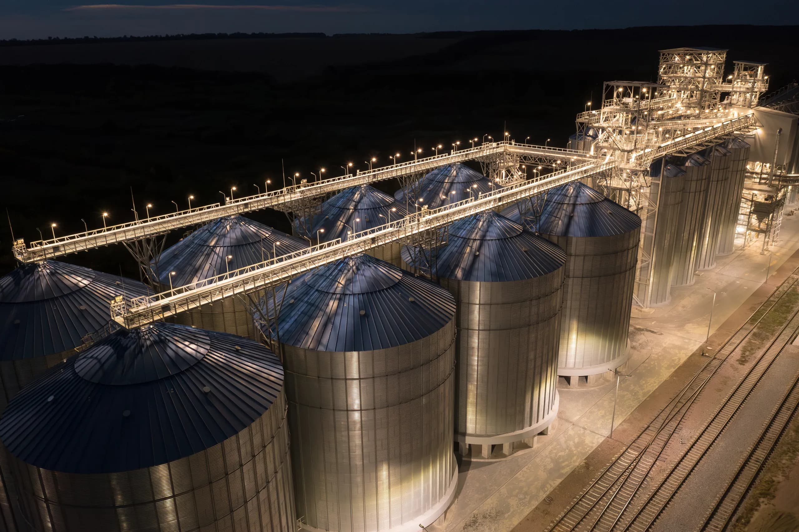 Grain elevator complex operating at night